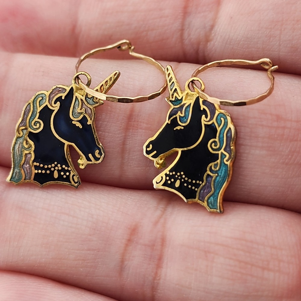 Vintage Cloisonne Unicorn Enamel Hoop Dangle Earrings Gold Tone Fantasy Boho